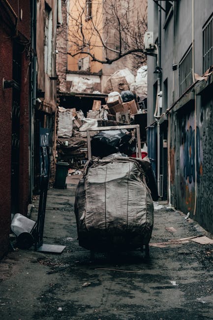 A weathered grey shopping trolley filled with assorted waste materials stands on a narrow, grimy back alleyway amid urban surroundings. Behind the trolley, stacked cardboard boxes, black garbage bags, and other refuse are piled against a dilapidated wall, creating an overflowing scene of rubbish. The alley is flanked by graffiti-covered walls on the right and a rusted, boarded-up entrance on the left, with a few scattered debris and a small black container on the ground. In the background, leafless tree branches and the upper facades of brick buildings are visible, adding an industrial and neglected atmosphere to the scene. The environment appears dimly lit, emphasizing the cluttered and unkempt nature of the space. This scene exemplifies an area where private rubbish collection services, such as those offered by Rubbish Removal Brixton, may assist in clearing excess waste and improving urban cleanliness, especially in alleyways prone to unmanaged debris accumulation.